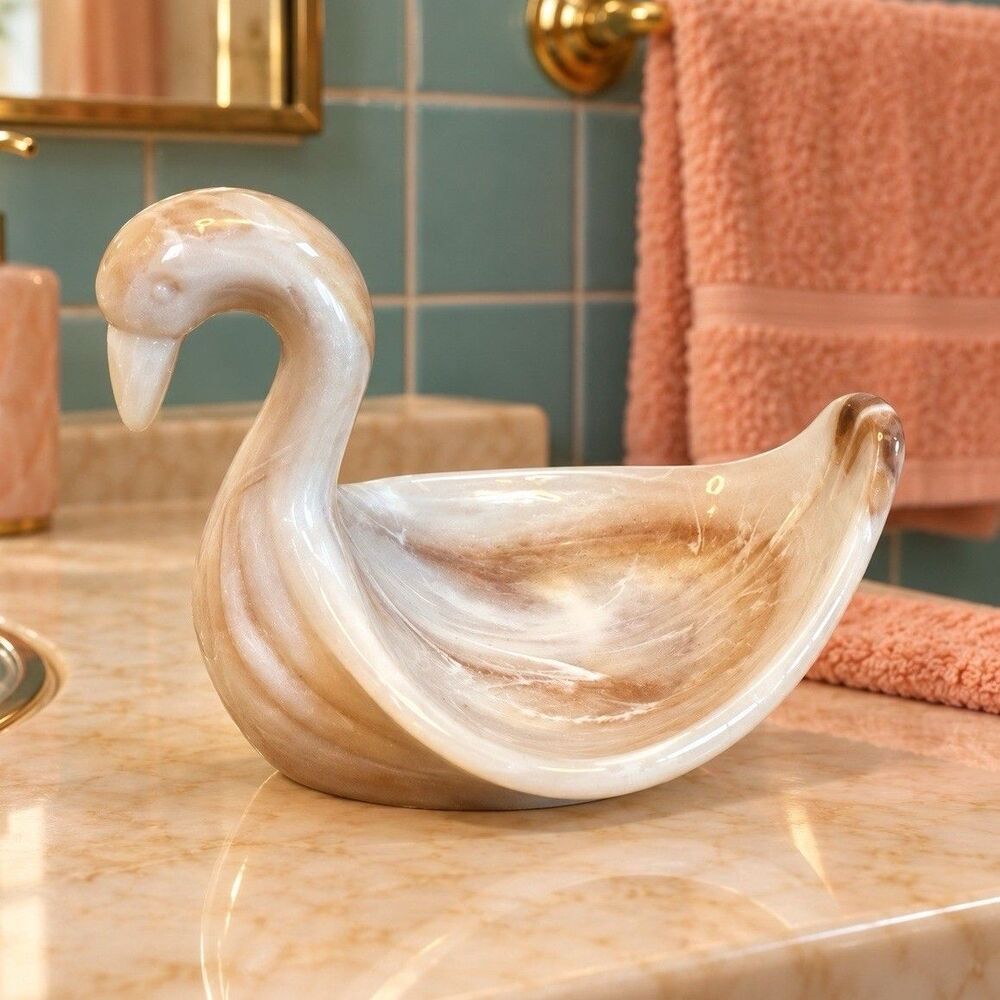 Vintage Marbled Brown Cream Plastic Swan Soap Dish Vanity Trinket Holder 5” Long
